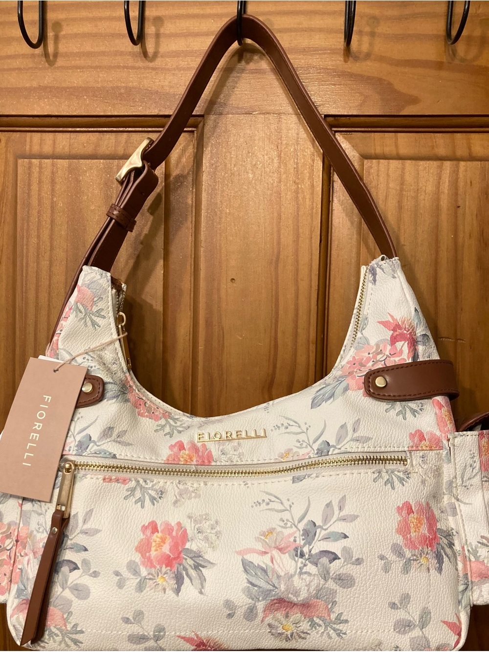Fiorelli White Floral Shoulder Bag with Brown Trim